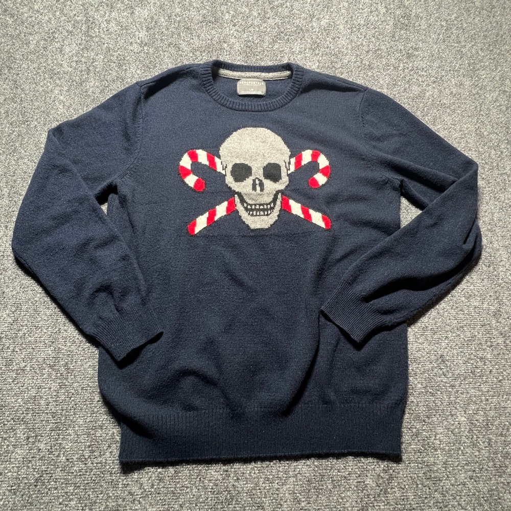 Pirate Mens Skull Candy Cane Christmas Sweater‎ Navy Blue Wool Blend Large